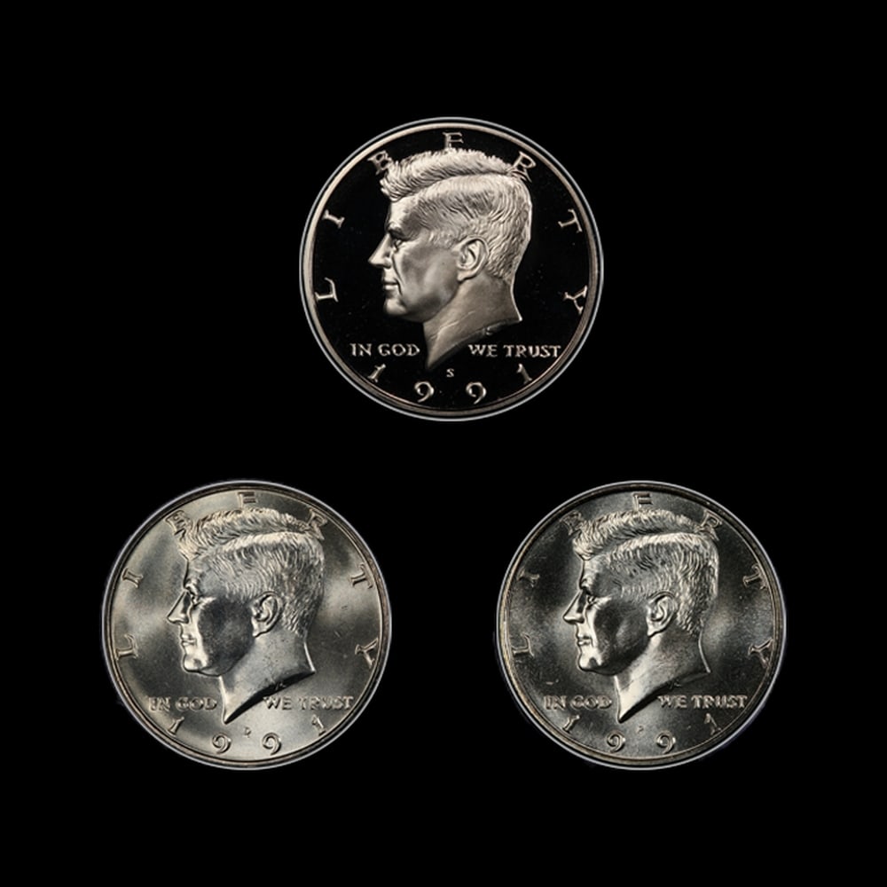 Complete 3 PC. 1991 Kennedy Half Dollar 50c set In Custom Box W/ Special Backer Card BU & Proof C... - 2