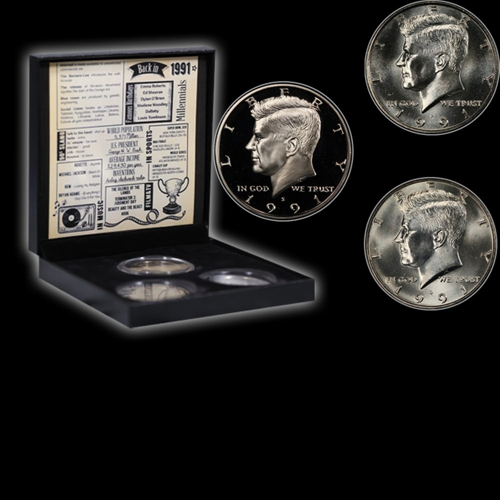 Complete 3 PC. 1991 Kennedy Half Dollar 50c set In Custom Box W/ Special Backer Card BU & Proof C... - 4