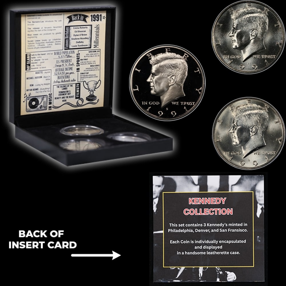 Complete 3 PC. 1991 Kennedy Half Dollar 50c set In Custom Box W/ Special Backer Card BU & Proof C... - 5