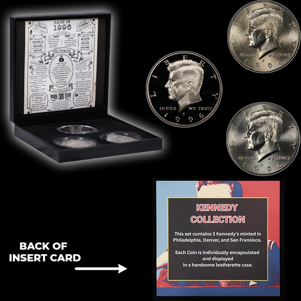 Complete 3 PC. 1996 Kennedy Half Dollar 50c set In Custom Box W/ Special Backer Card BU & Proof C... - 5