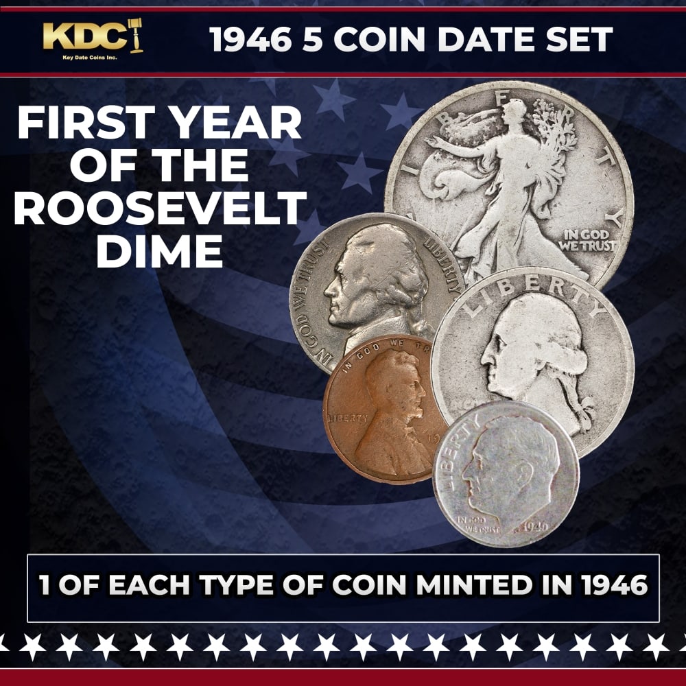 1946 5 Coin Date Set, 1 Of Each Type Of Coin Minted in 1946: 1946 5 Coin Date Set, 1 Of Each Type Of Coin Minted in 1946. Please Note All Backer Cards may have slight differences but will be very similar if not identical to the one in the photo