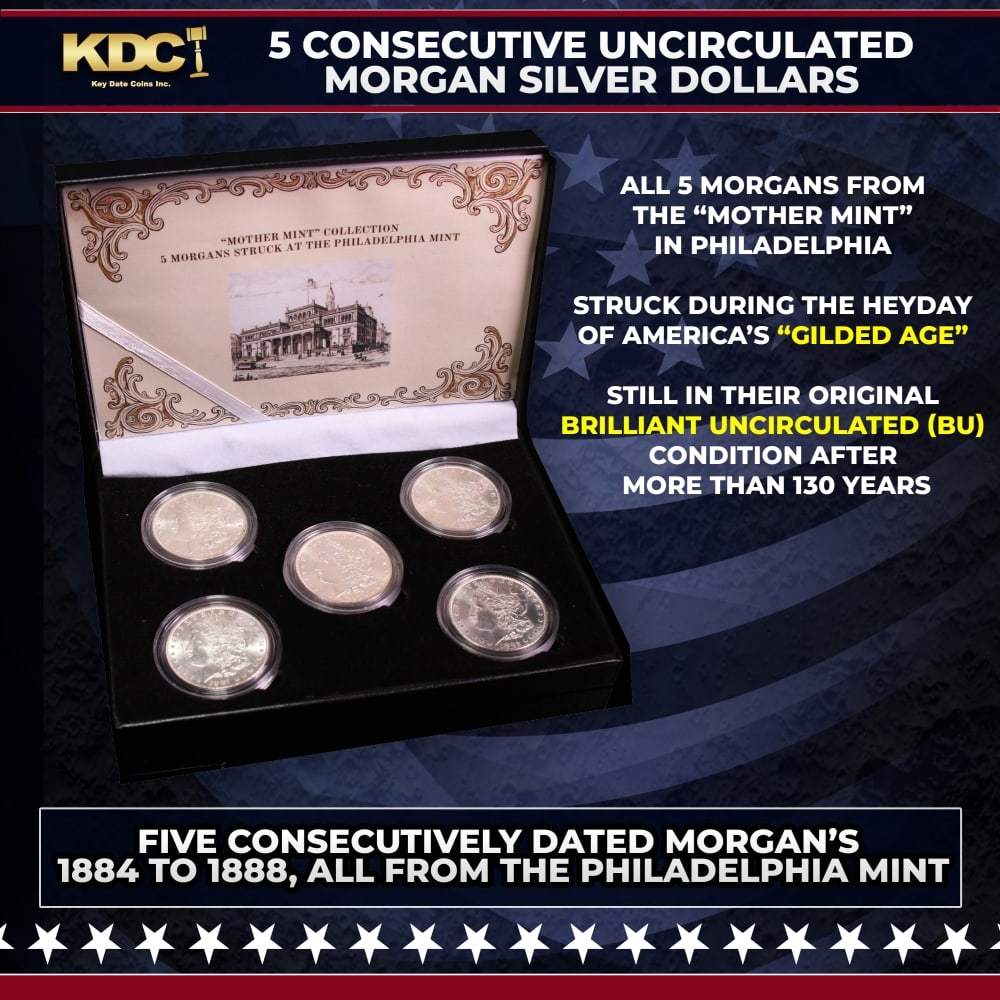 5x Coin Consecutive MORGAN Set 1884-1888-p ALL UNC, 5 Morgan Dollars From Philly: 5x Coin Consecutive MORGAN Set 1884-1888-p ALL UNC, 5 Morgan Dollars From Philly. Please Note All Backer Cards may have slight differences but will be very similar if not identical to the one in the p