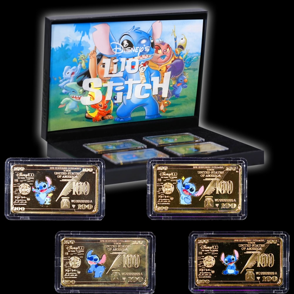 4 PC. Disney Lilo & Stitch Gold Plated Art Bar Collection In Custom Box W/ Special Backer card - 5