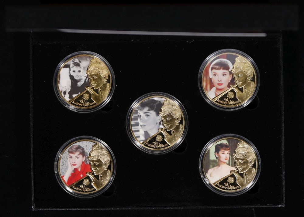 5 Coin Audrey Hepburn 24k Gold Plated Round Collection In Custom Box W/ Special Backer card - 2