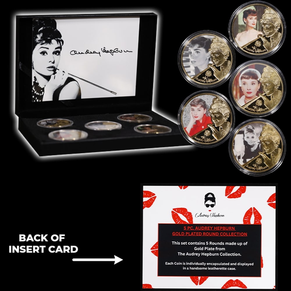 5 Coin Audrey Hepburn 24k Gold Plated Round Collection In Custom Box W/ Special Backer card - 3