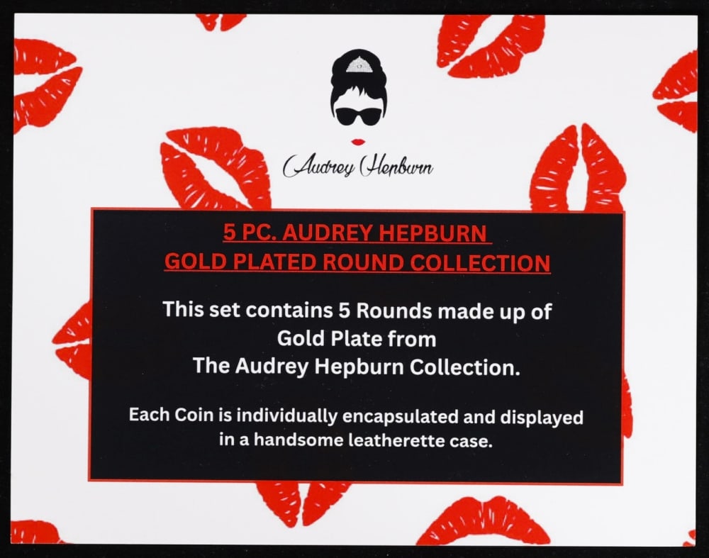 5 Coin Audrey Hepburn 24k Gold Plated Round Collection In Custom Box W/ Special Backer card - 5