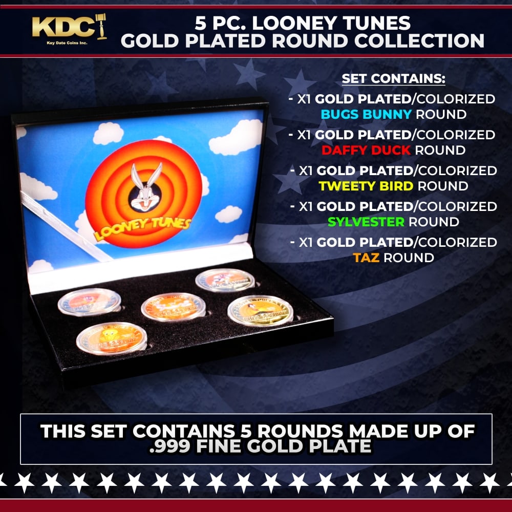 5 Coin Loony Tunes Gold Plated Round Collection Bugs Bunny, Daffy Duck, Tweety, Sylvester, Taz: 5 Coin Loony Tunes Gold Plated Round Collection Bugs Bunny, Daffy Duck, Tweety, Sylvester, Taz. 5 Pc. Looney Toons Gold Plated Round Collection. This set contains 5 rounds made up of .999 Fine Gold