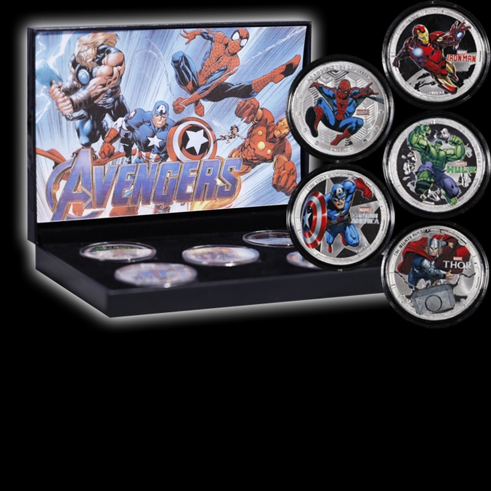 5 Coin Marvel Disney Avengers Silver Plated Round Collection Spider-Man, Hulk, Captain America, T... - 5