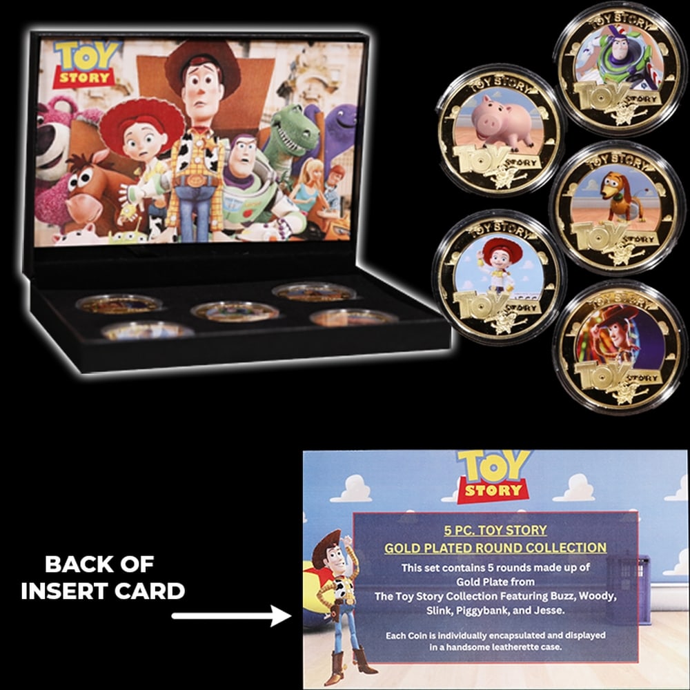 5 Coin Toy Story B Gold Plated Round Collection In Custom Box W/ Special Backer card - 5