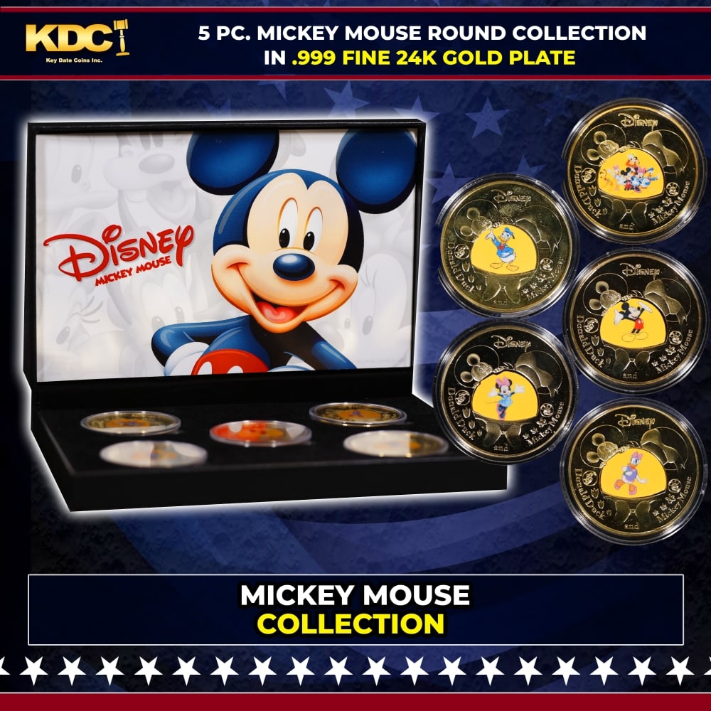 5 PC. Mickey Mouse & Friends Gold Plated Round Collection In Custom Box W/ Special Backer card: 5 PC. Mickey Mouse & Friends Gold Plated Round Collection In Custom Box W/ Special Backer card. Please Note All Backer Cards may have slight differences but will be very similar if not identical to
