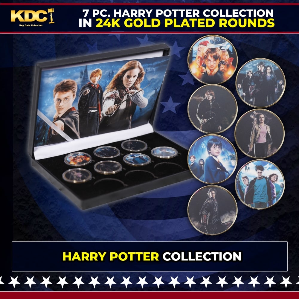 7 Coin Harry Potter Gold Plated Round Collection: 7 Coin Harry Potter Gold Plated Round Collection. Please Note All Backer Cards may have slight differences but will be very similar if not identical to the one in the photo