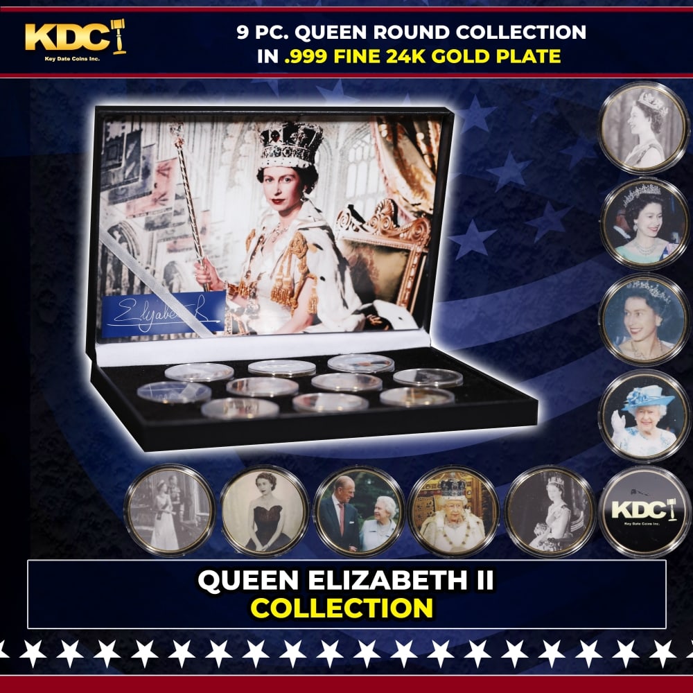 9 Coin Queen Elizabeth II Gold Plated Round Collection #5: 9 Coin Queen Elizabeth II Gold Plated Round Collection #5. Please Note All Backer Cards may have slight differences but will be very similar if not identical to the one in the photo
