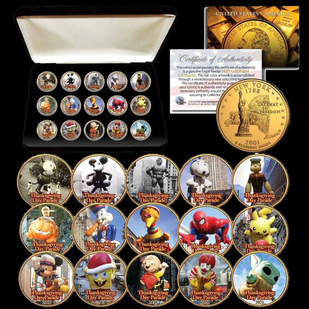 15 Coin 24K Gold Plated Thanksgiving Day Parade NY State Quarters Set w/ Box Other Toy - 2