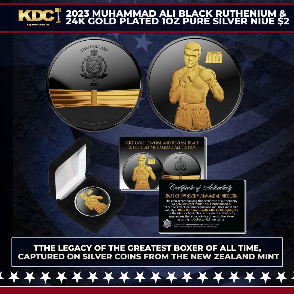 2023 Muhammad Ali Black Ruthenium & 24K Gold Plated 1oz Pure Silver New Zealand Niue $2 Other Toy: 2023 Muhammad Ali Black Ruthenium & 24K Gold Plated 1oz Pure Silver New Zealand Niue $2. Now the legacy of the greatest boxer of all time is beautifully captured on silver coins from the New Zealand M