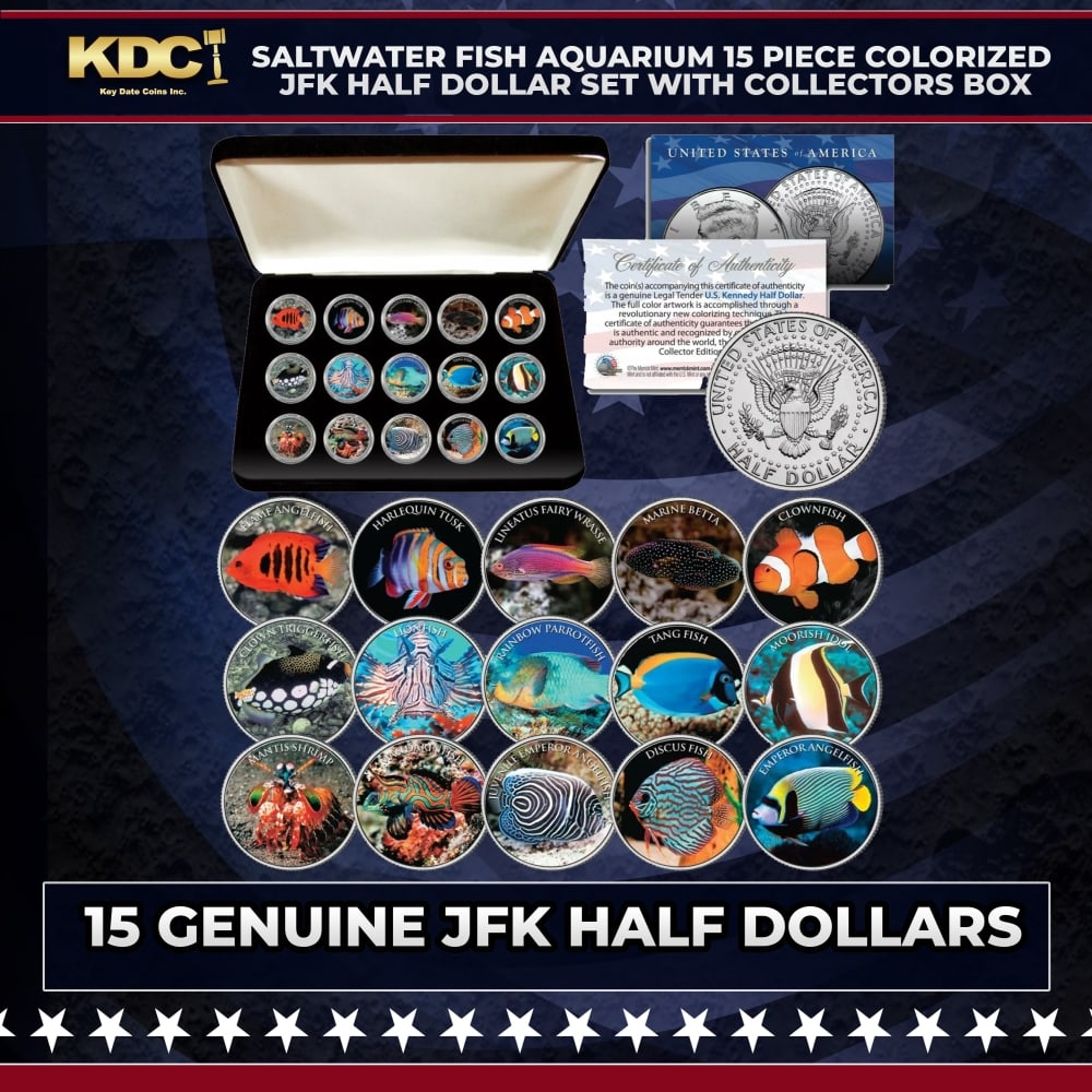 Saltwater Fish Aquarium 15 Piece Colorized JFK Half Dollar Set with Collectors Box Other Toy: Saltwater Fish Aquarium 15 Piece Colorized JFK Half Dollar Set with Collectors Box. This stunning 15-coin set is a must-have for collectors. Seize the opportunity to acquire this beautifully