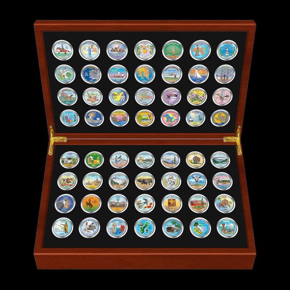 Complete 1999-2009 COLORIZED State Quarters 56-Coin Set in Cherry Wood Style Box Other Toy - 3