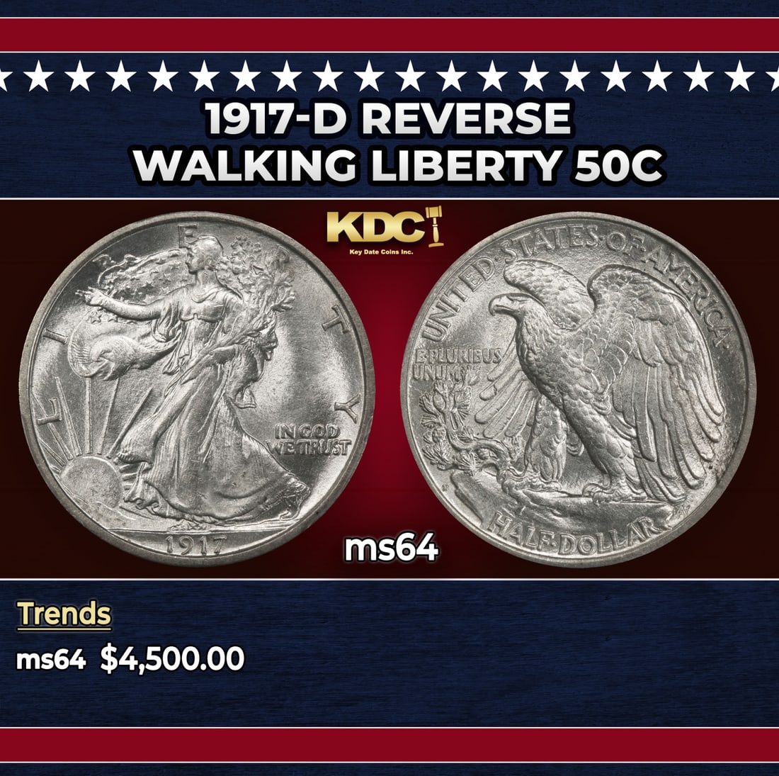 1917-d Reverse Walking Liberty Half Dollar 50c ms64 SEGS: 1917-d Reverse Walking Liberty Half Dollar 50c ms64 SEGS.