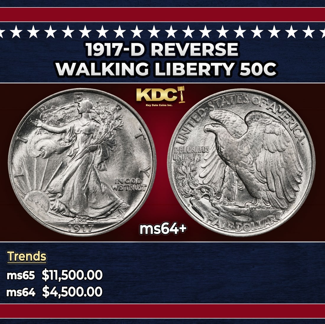 1917-d Reverse Walking Liberty Half Dollar 50c ms64+ SEGS: 1917-d Reverse Walking Liberty Half Dollar 50c ms64+ SEGS.