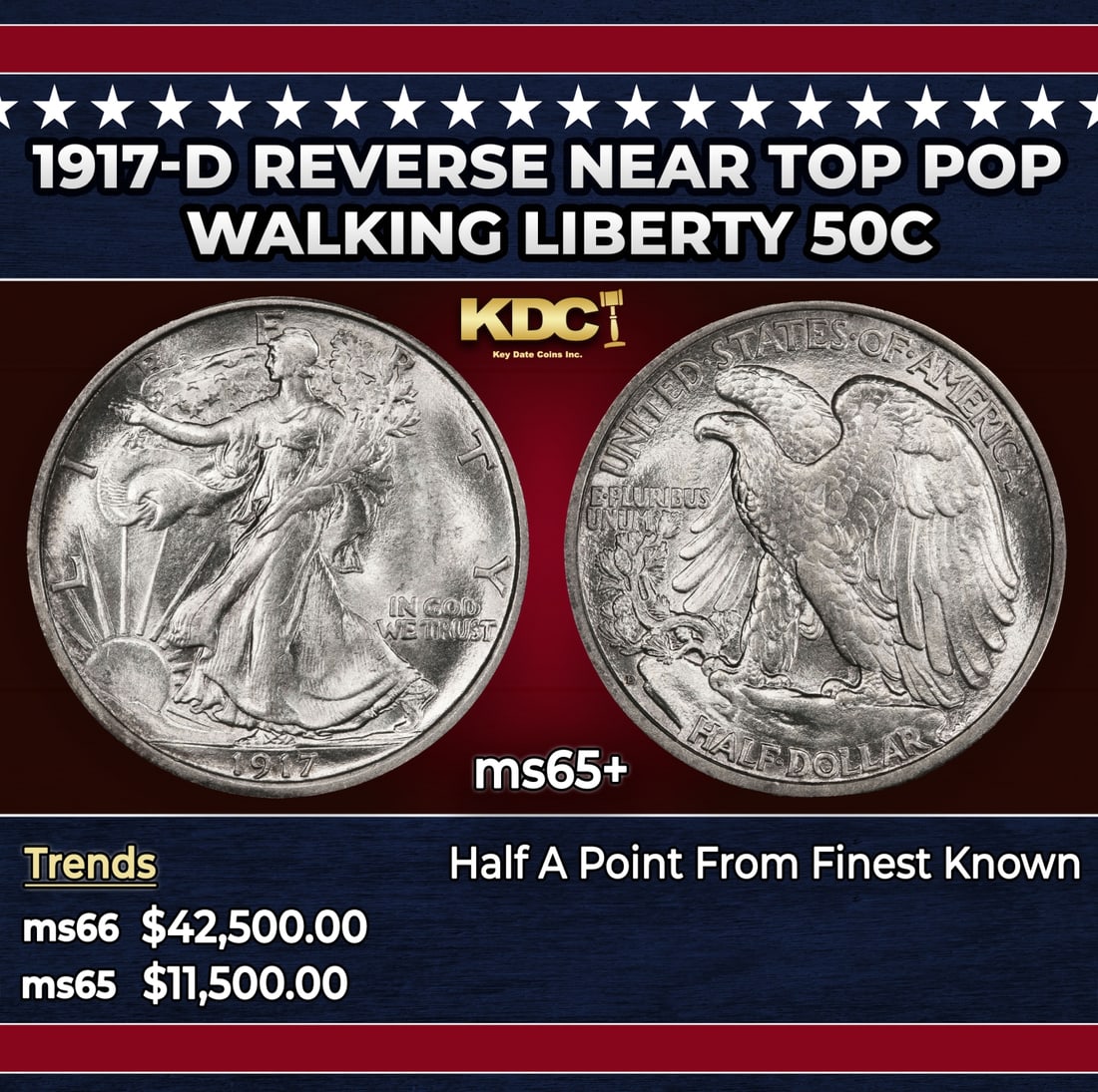1917-d Reverse Walking Liberty Half Dollar Near Top Pop 50c ms65+ SEGS: 1917-d Reverse Near Top Pop Walking Liberty Half Dollar 50c ms65+ SEGS.