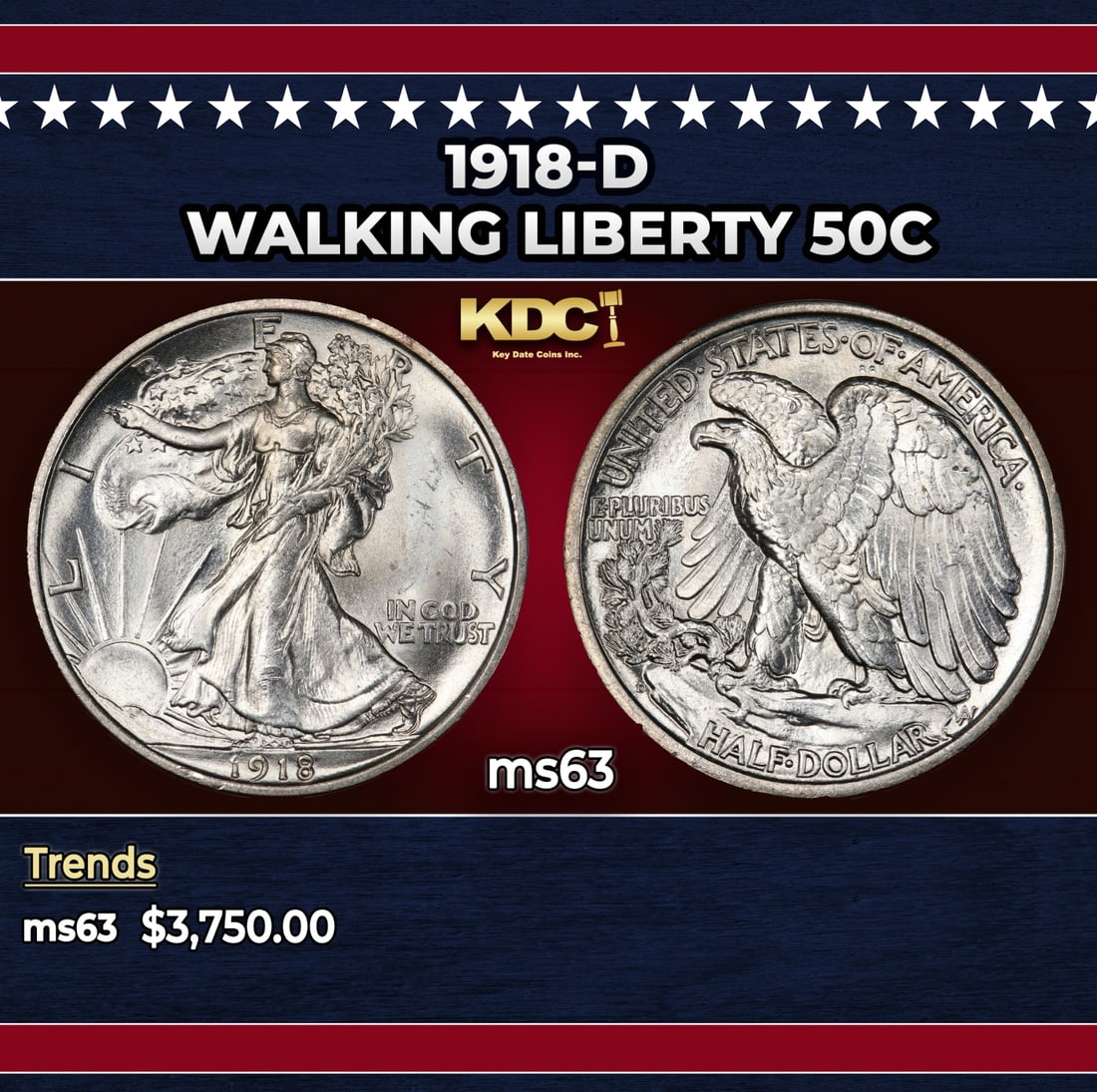 1918-d Walking Liberty Half Dollar 50c ms63 USCG: 1918-d Walking Liberty Half Dollar 50c ms63 USCG.