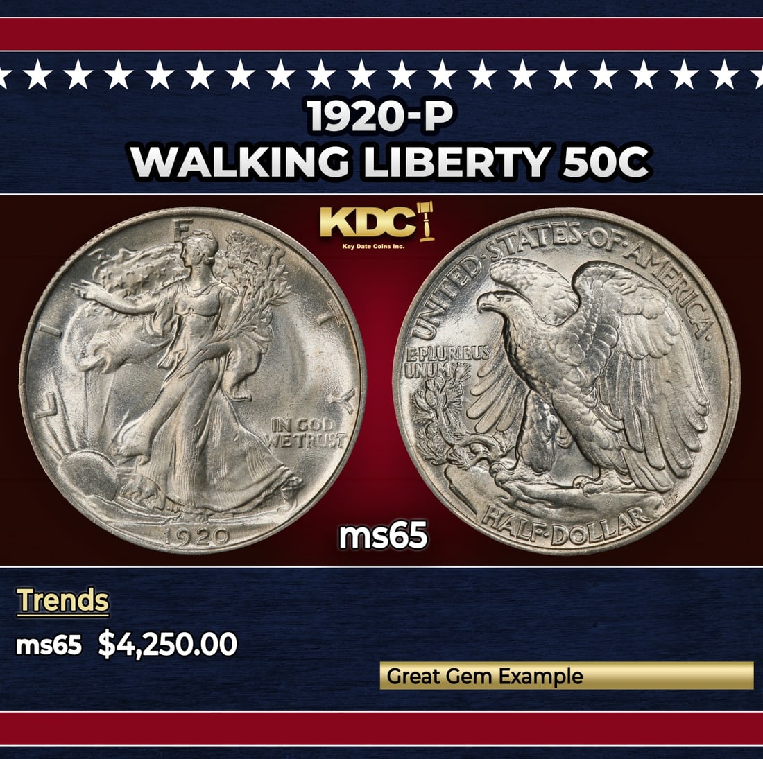 1920-p Walking Liberty Half Dollar 50c ms65 SEGS: 1920-p Walking Liberty Half Dollar 50c ms65 SEGS.