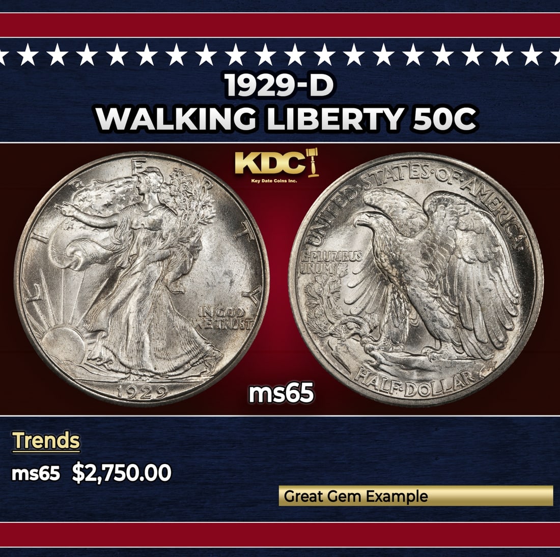 1929-d Walking Liberty Half Dollar 50c ms65 SEGS: 1929-d Walking Liberty Half Dollar 50c ms65 SEGS.