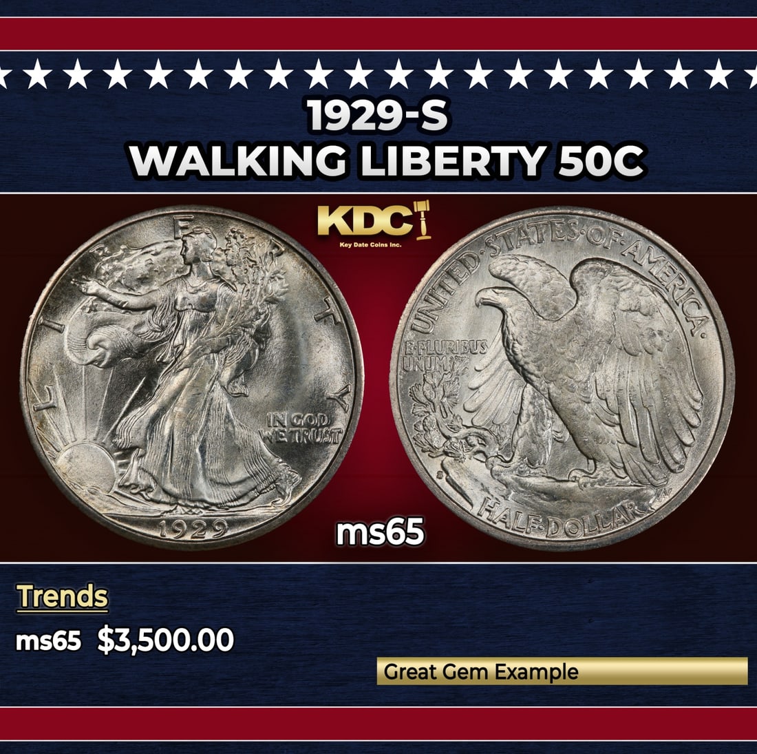 1929-s Walking Liberty Half Dollar 50c ms65 SEGS: 1929-s Walking Liberty Half Dollar 50c ms65 SEGS.