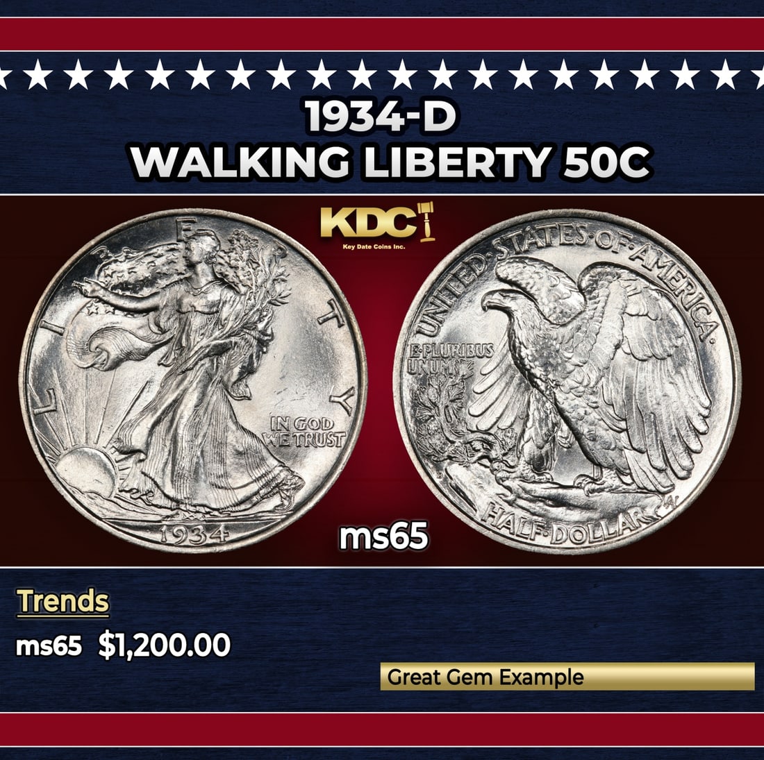 1934-d Walking Liberty Half Dollar 50c ms65 SEGS: 1934-d Walking Liberty Half Dollar 50c ms65 SEGS.