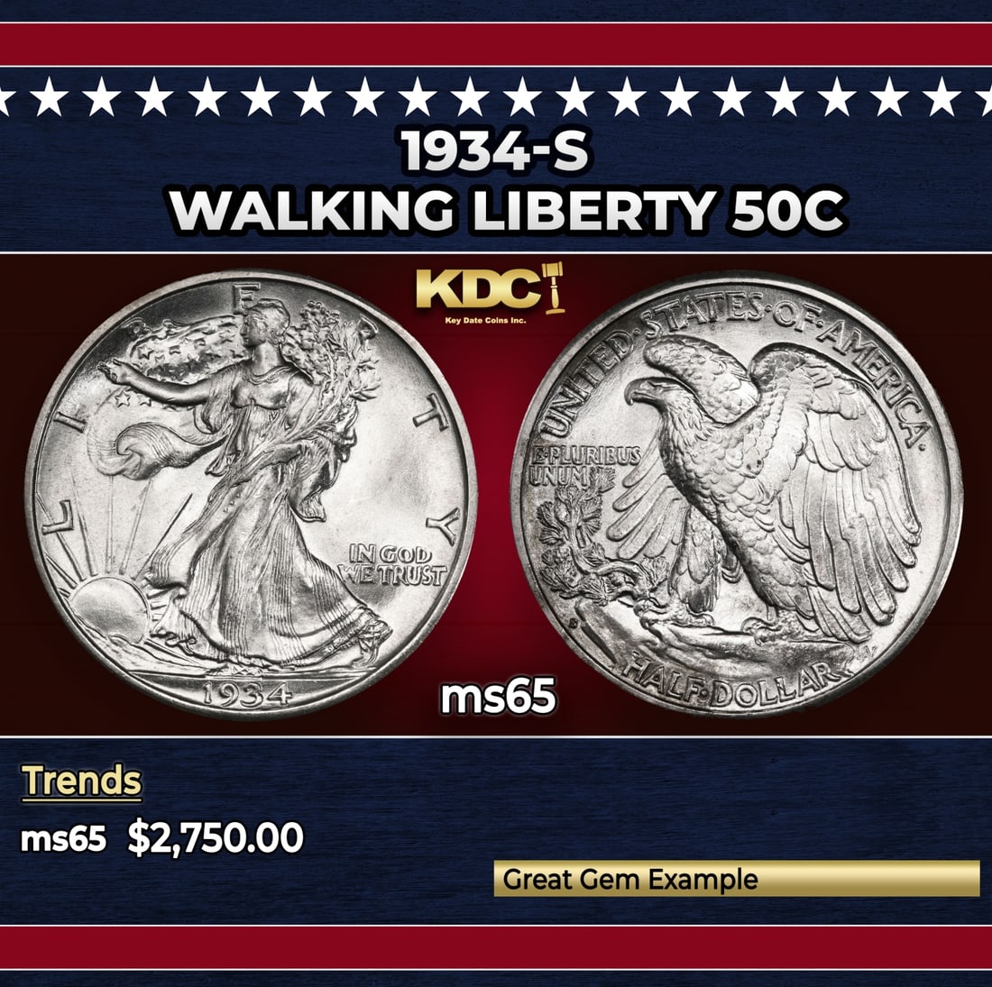 1934-s Walking Liberty Half Dollar 50c ms65 SEGS: 1934-s Walking Liberty Half Dollar 50c ms65 SEGS.