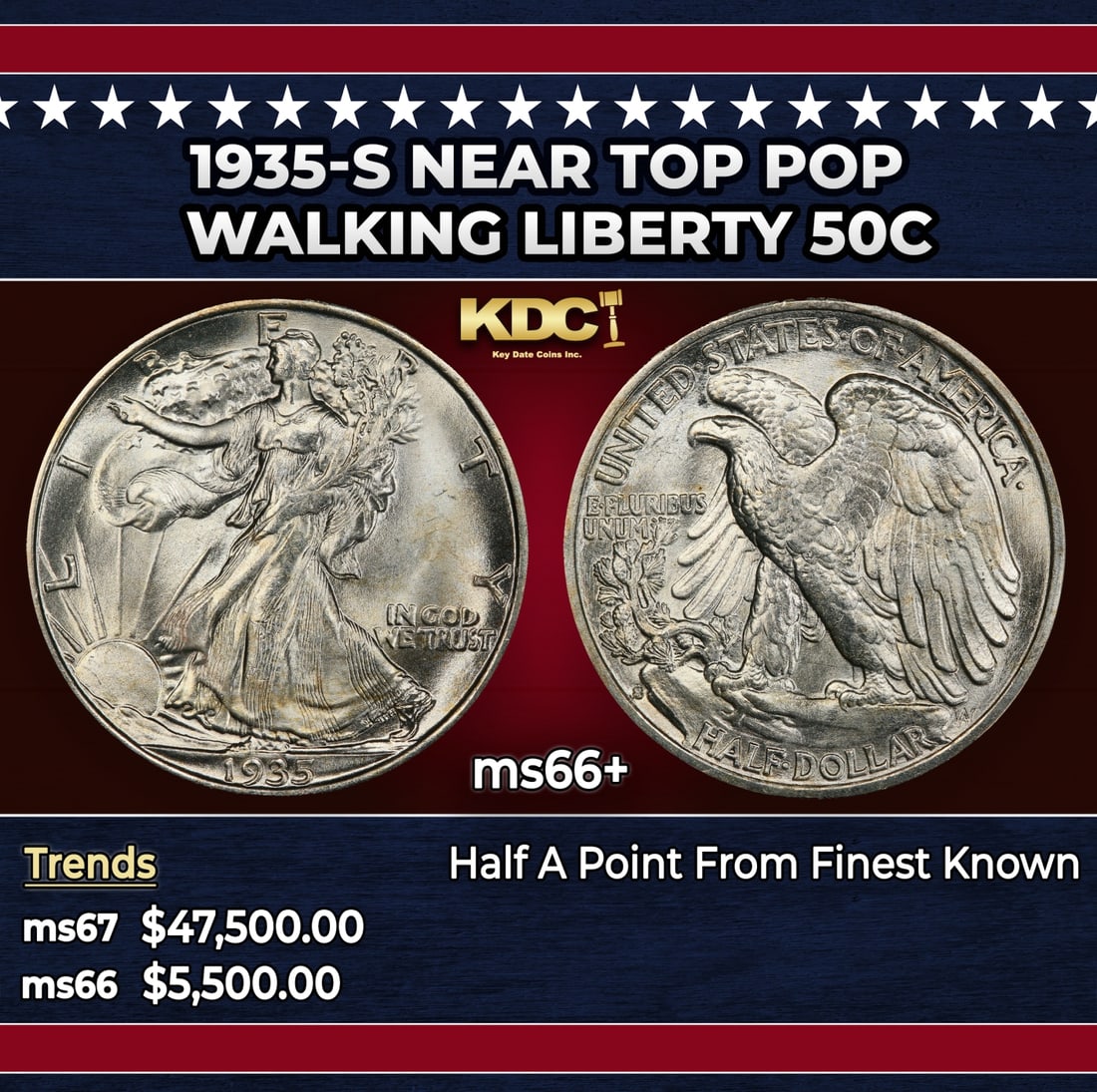 1935-s Walking Liberty Half Dollar Near Top Pop 50c ms66+ SEGS: 1935-s Near Top Pop Walking Liberty Half Dollar 50c ms66+ SEGS.
