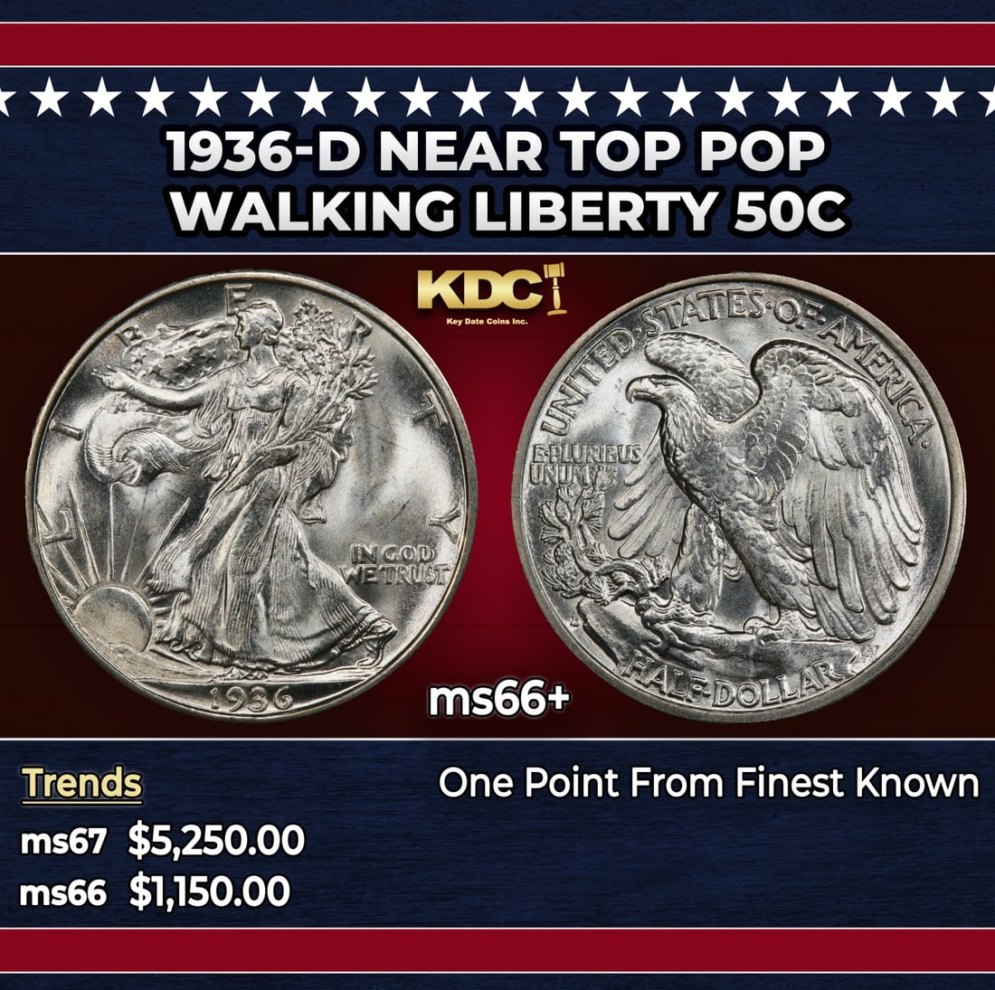 1936-d Walking Liberty Half Dollar Near Top Pop 50c ms66+ SEGS: 1936-d Near Top Pop Walking Liberty Half Dollar 50c ms66+ SEGS.