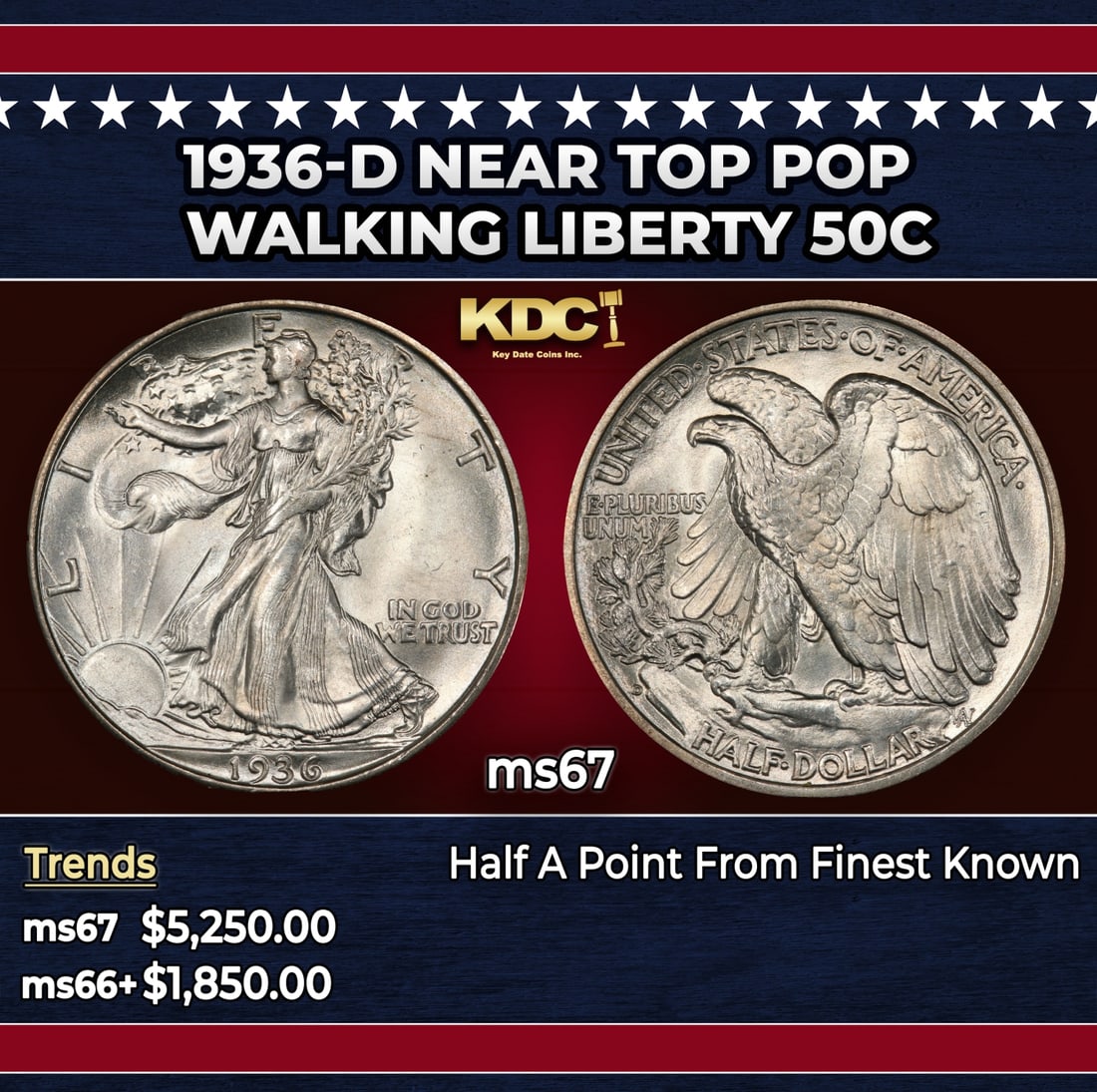 1936-d Walking Liberty Half Dollar Near Top Pop 50c ms67 SEGS: 1936-d Near Top Pop Walking Liberty Half Dollar 50c ms67 SEGS.