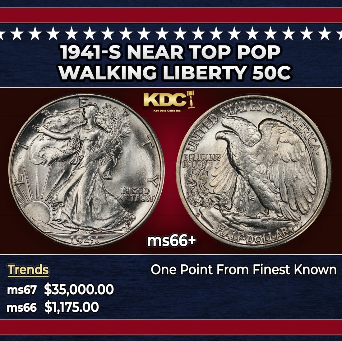1941-s Walking Liberty Half Dollar Near Top Pop 50c ms66+ SEGS: 1941-s Near Top Pop Walking Liberty Half Dollar 50c ms66+ SEGS.