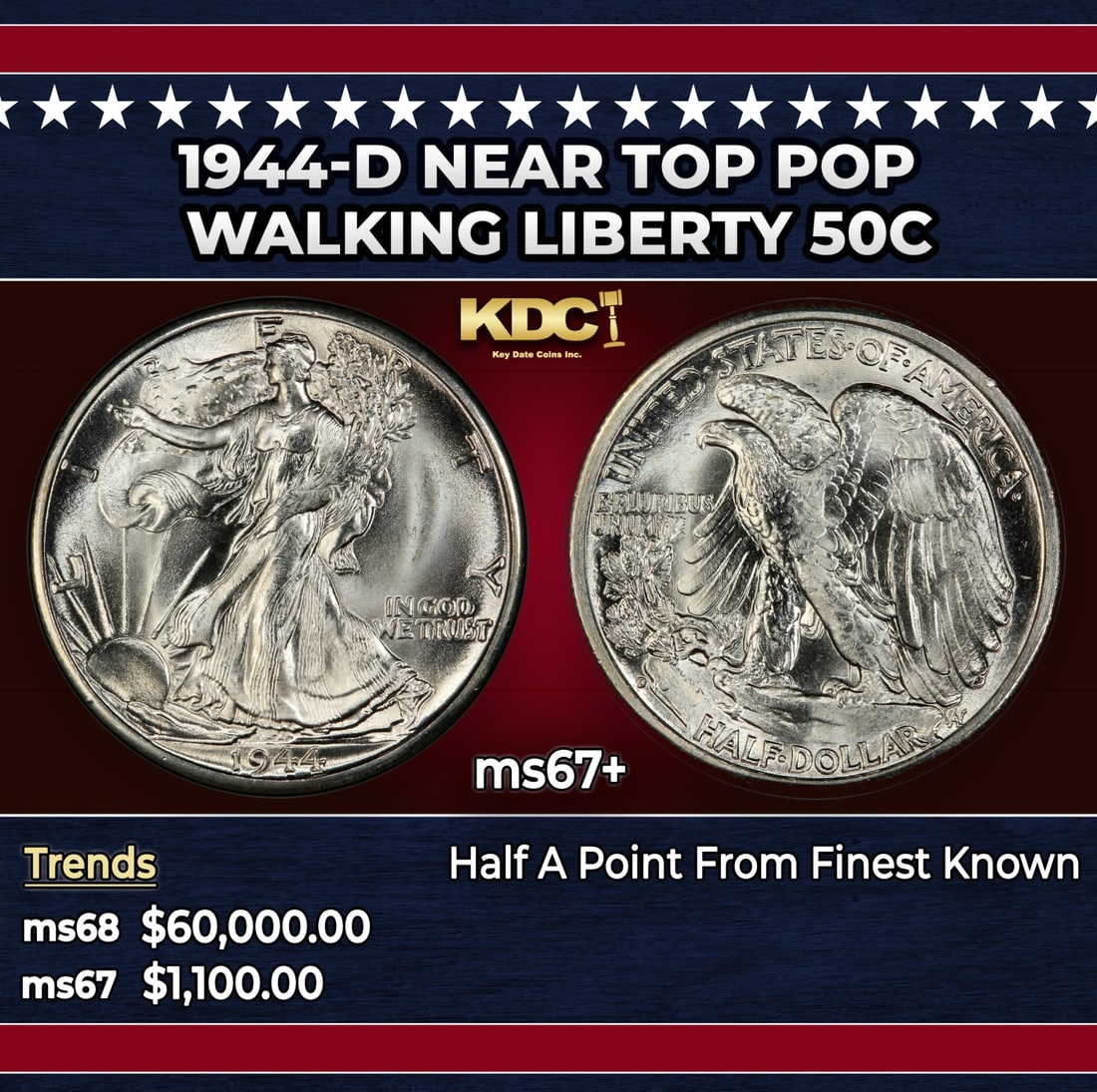 1944-d Walking Liberty Half Dollar Near Top Pop 50c ms67+ SEGS: 1944-d Near Top Pop Walking Liberty Half Dollar 50c ms67+ SEGS.