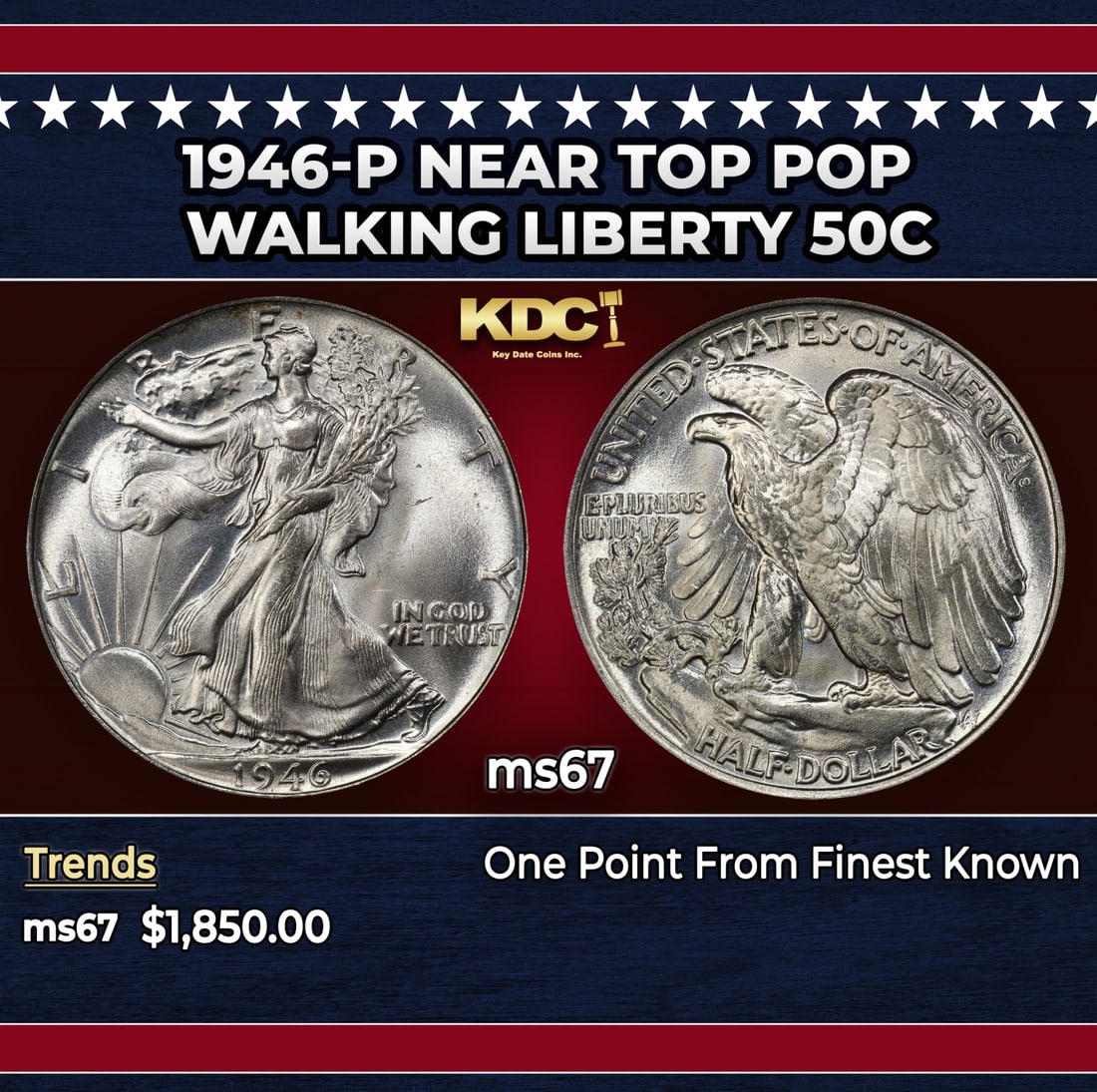 1946-p Walking Liberty Half Dollar Near Top Pop 50c ms67 SEGS: 1946-p Near Top Pop Walking Liberty Half Dollar 50c ms67 SEGS.