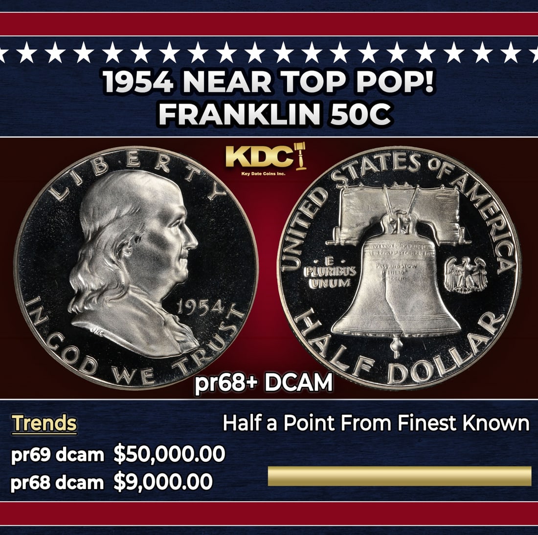 1954 Proof Franklin Half Dollar Near Top Pop! 50c pr68+ DCAM SEGS: 1954 Near Top Pop! Franklin Half Dollar 50c pr68+ DCAM SEGS. ameo contrast is strong and pronounced, the surfaces expertly preserved and approaching numismatic perfection. Although plentiful in an
