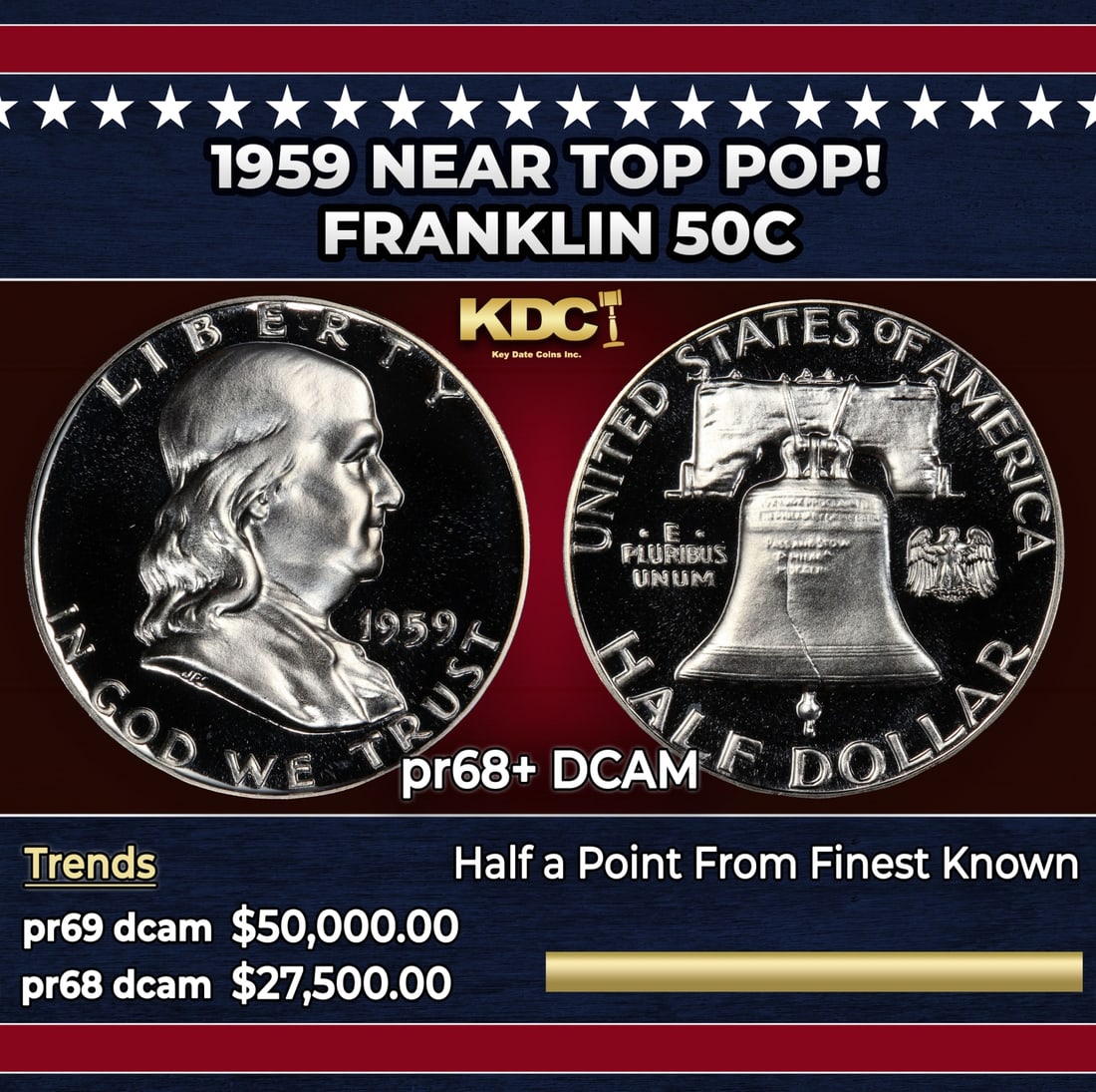 1959 Proof Franklin Half Dollar Near Top Pop! 50c pr68+ DCAM SEGS: 1959 Near Top Pop! Franklin Half Dollar 50c pr68+ DCAM SEGS.