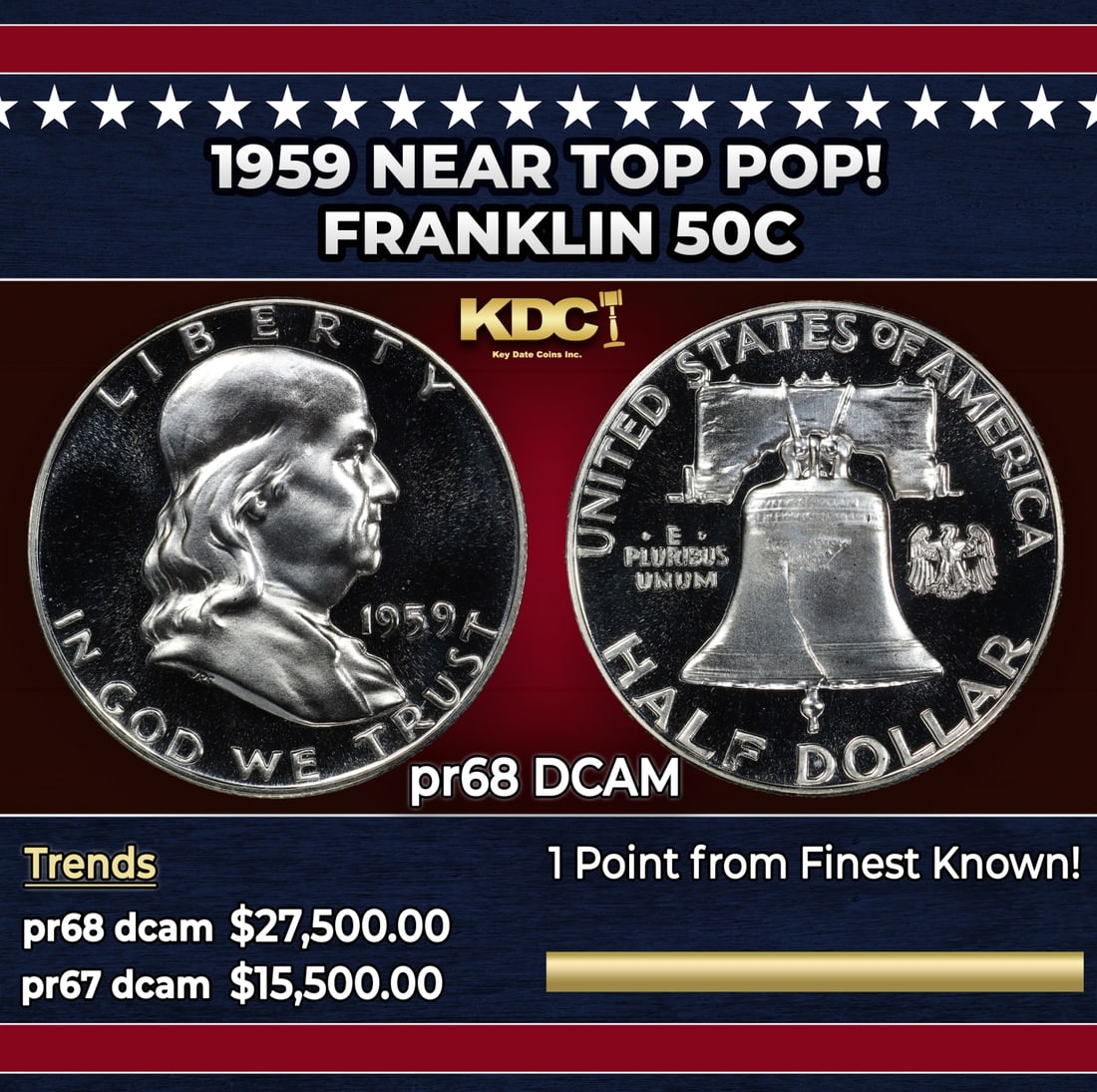 1959 Proof Franklin Half Dollar Near Top Pop! 50c pr68 DCAM SEGS: 1959 Near Top Pop! Franklin Half Dollar 50c pr68 DCAM SEGS.