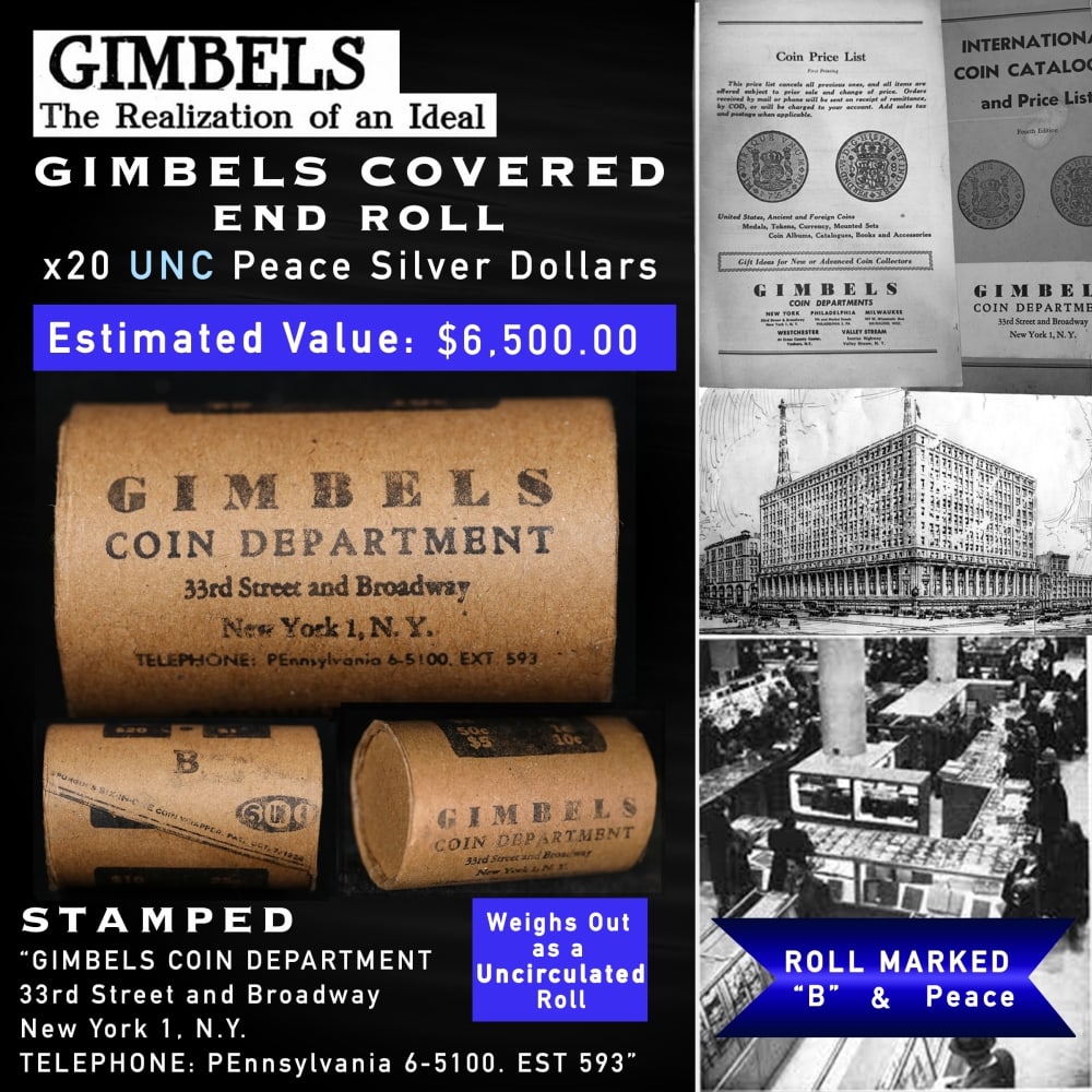 20 Coin Peace Silver Dollar GIMBLES Roll Unc B: 20 Coin Peace Silver Dollar GIMBLES Roll Unc B. Up For Auction is a 144- 20 Coin Peace Silver Dollar GIMBLES Roll Unc B Roll Weighing 537.5 g Based On this weight this is a UNC Roll We are very excite