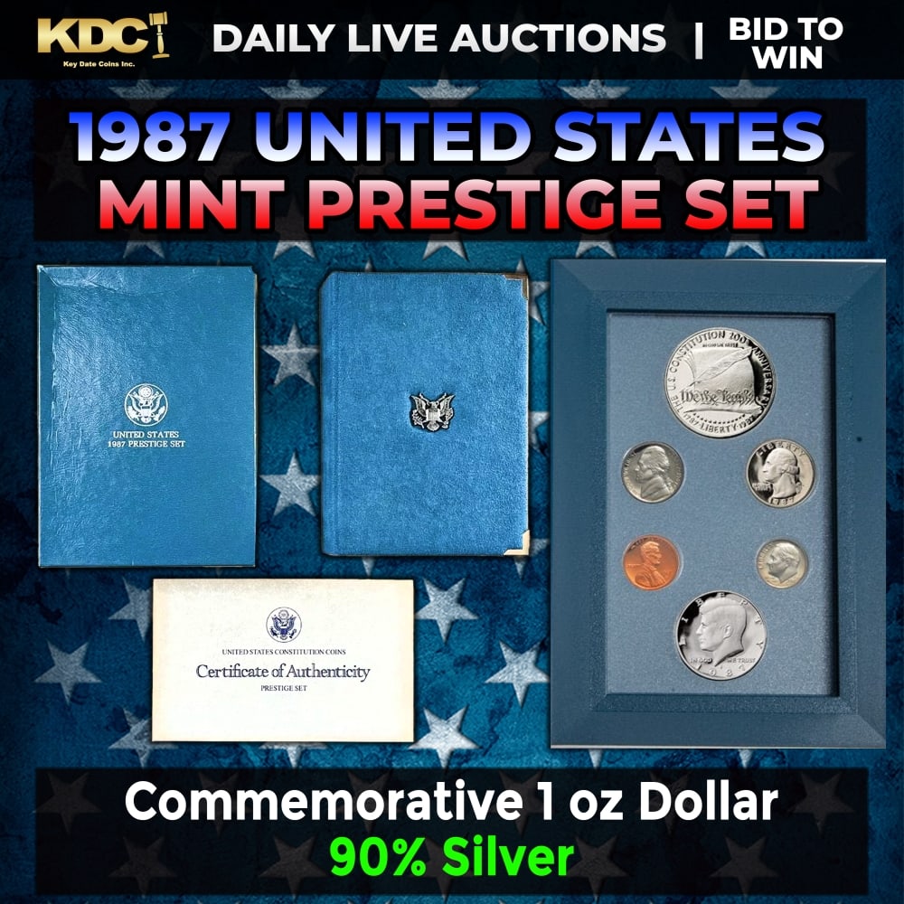 1987 United States Mint Prestige Proof Set 6 Coins W/ Box & COA: 1987 United States Mint Prestige Proof Set 6 Coins W/ Box & COA. Product DetailsThis wonderful six-piece set includes all of the proof issue coins of 1987 as well as a commemorative U.S. Constitution 