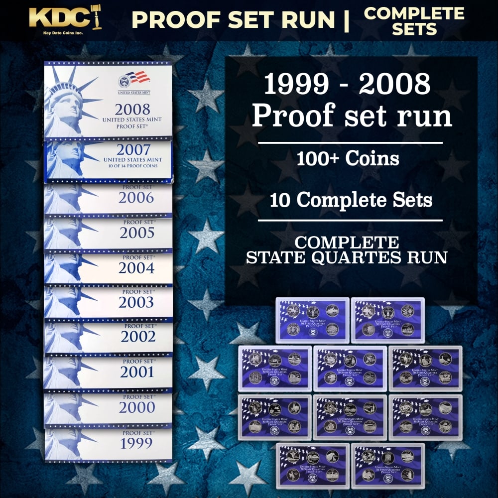 1999-2008 Proof Set Run - 109 Coins, Full 50 State Quarters Run 10 Complete Sets: 1999-2008 Proof Set Run - 109 Coins, Full 50 State Quarters Run 10 Complete Sets. 1999-2008 50 State Quarters Full Proof Set Run - 109 Coins, 10 Complete Sets. This group of proof sets includes all