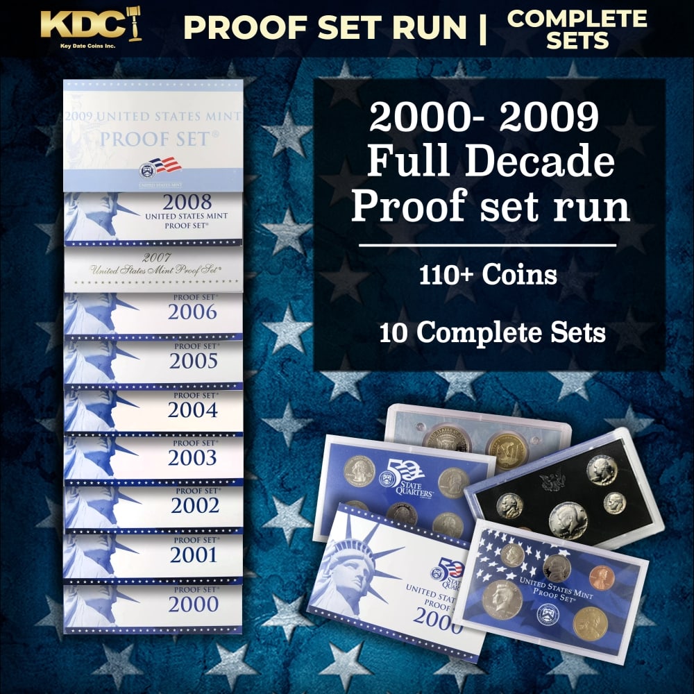 2000-2009 Full Decade Proof Set Run - 118 Coins, 10 Complete Sets: 2000-2009 Full Decade Proof Set Run - 118 Coins, 10 Complete Sets. 2000-2009 Full Decade Proof Set Run - 118 Coins, 10 Complete Sets. The 2009 mint and proof sets had the highest number of coins and