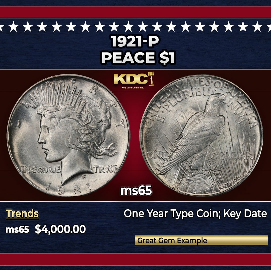 1921-p Peace Dollar $1 ms65 SEGS: 1921-p Peace Dollar $1 ms65 SEGS.