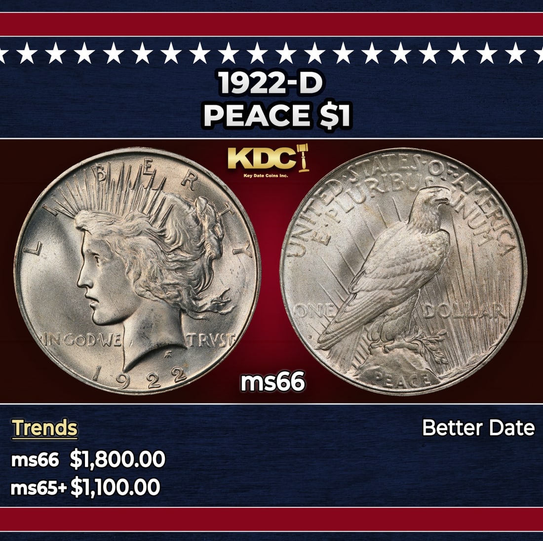 1922-d Peace Dollar $1 ms66 SEGS: 1922-d Peace Dollar $1 ms66 SEGS.