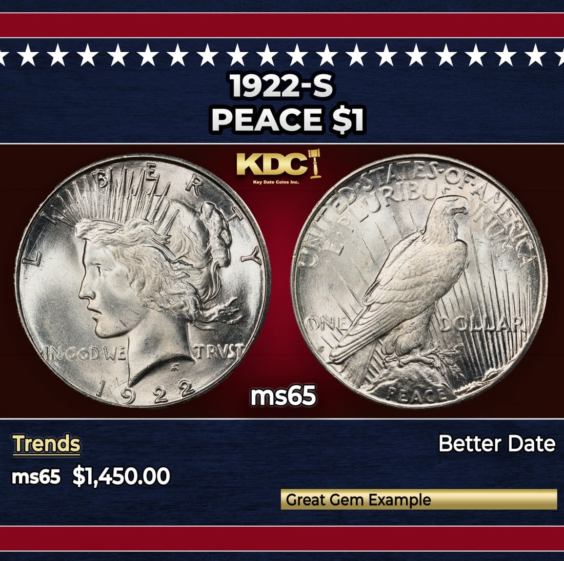 1922-s Peace Dollar $1 ms65 SEGS: 1922-s Peace Dollar $1 ms65 SEGS.
