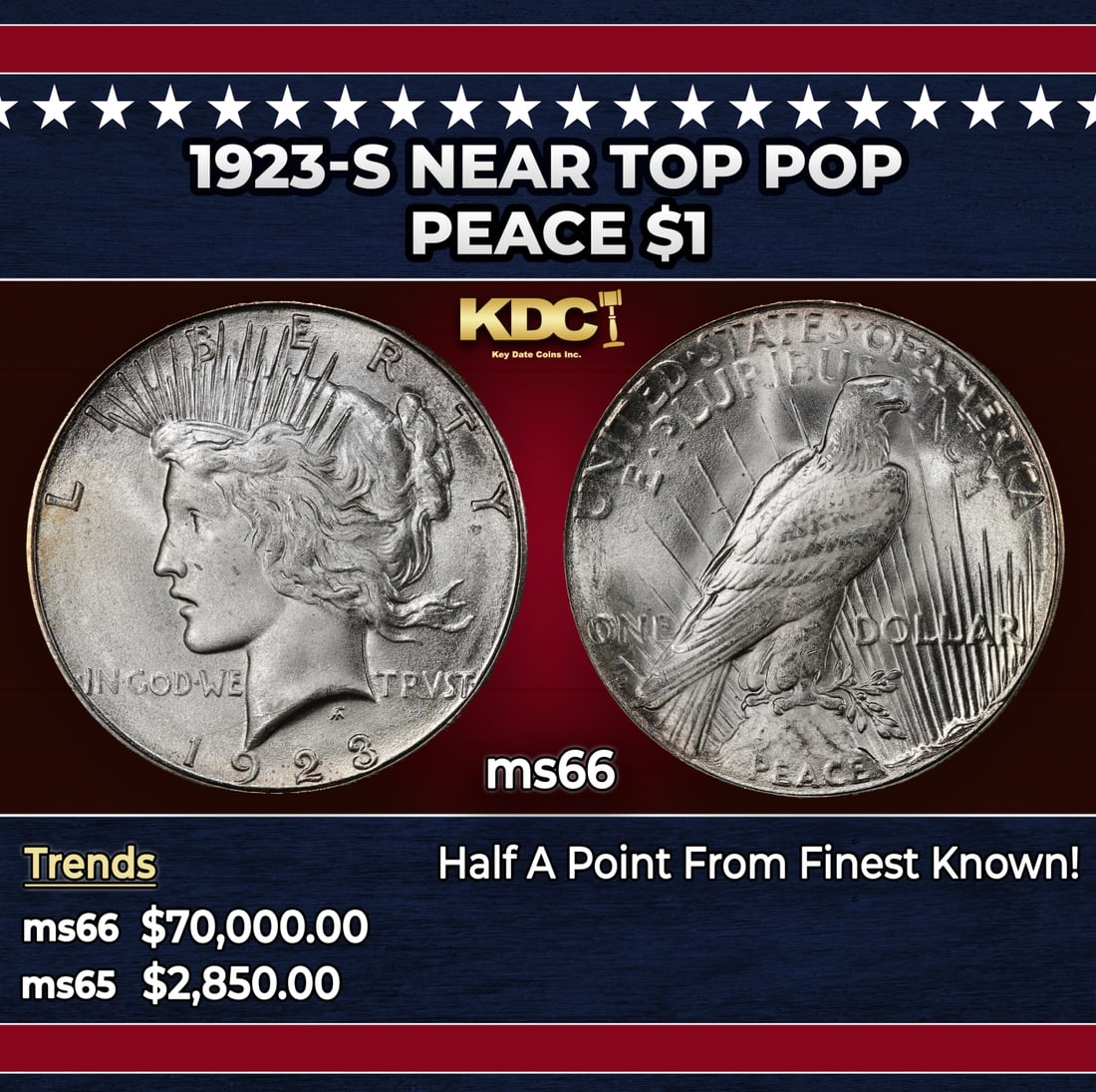 1923-s Peace Dollar Near Top Pop $1 ms66 SEGS: 1923-s Near Top Pop Peace Dollar $1 ms66 SEGS.