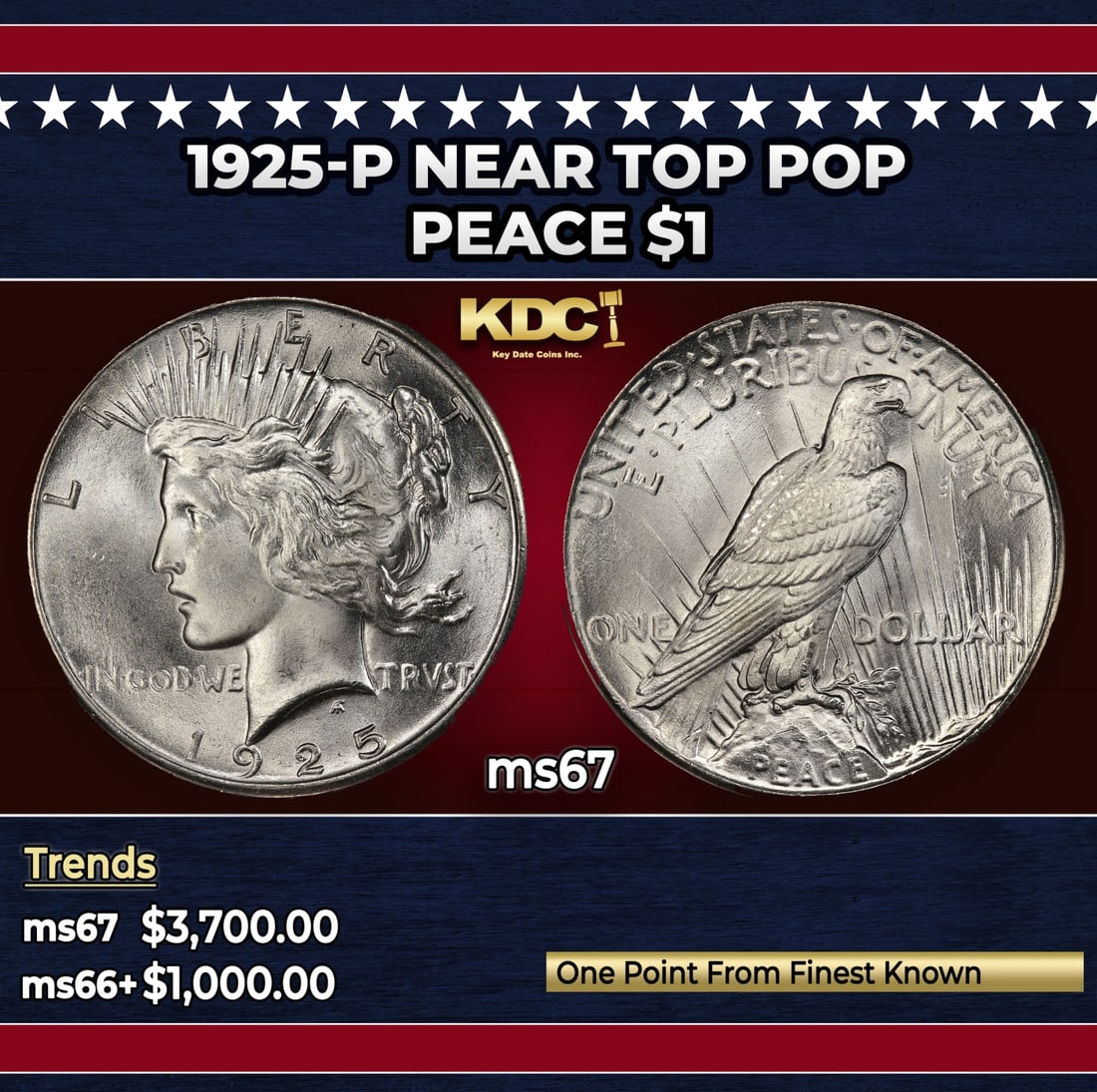 1925-p Peace Dollar Near Top Pop $1 ms67 SEGS: 1925-p Near Top Pop Peace Dollar $1 ms67 SEGS.