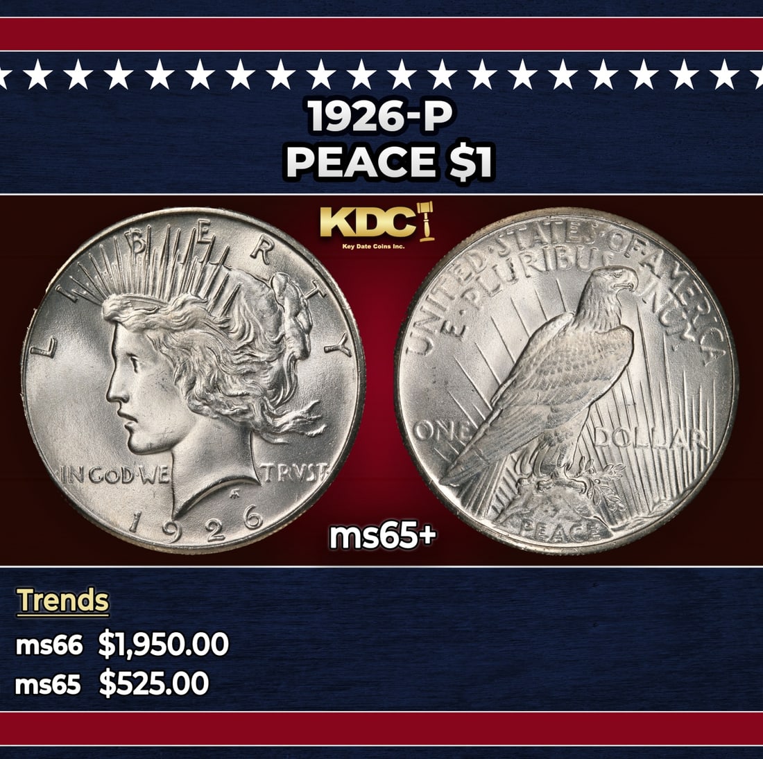 1926-p Peace Dollar $1 ms65+ SEGS: 1926-p Peace Dollar $1 ms65+ SEGS.
