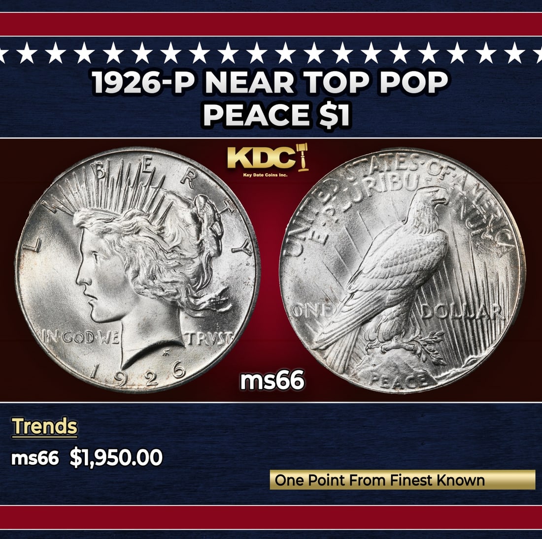 1926-p Peace Dollar Near Top Pop $1 ms66 SEGS: 1926-p Near Top Pop Peace Dollar $1 ms66 SEGS.