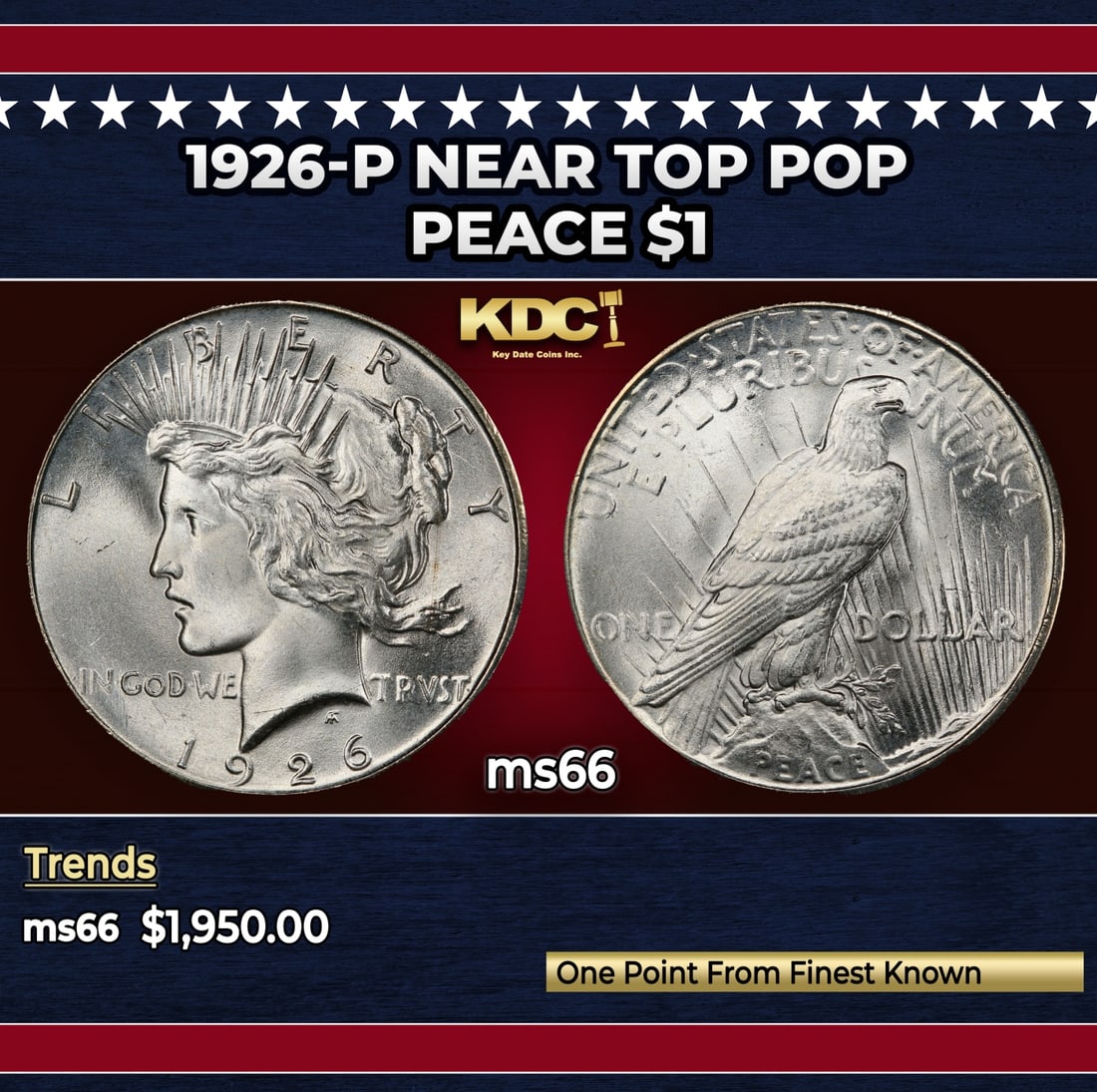 1926-p Peace Dollar Near Top Pop $1 ms66 SEGS: 1926-p Near Top Pop Peace Dollar $1 ms66 SEGS.